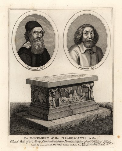Oválné portréty přírodovědců a sběratelů Johna Tradescanta staršího a mladšího a jejich hrobový pomník na hřbitově St Mary Lambeth od John Thomas Smith