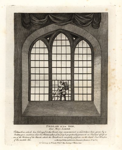 Pedlar a jeho pes ve vitrážovém okně kostela v Saint Mary-at-Lambeth od John Thomas Smith
