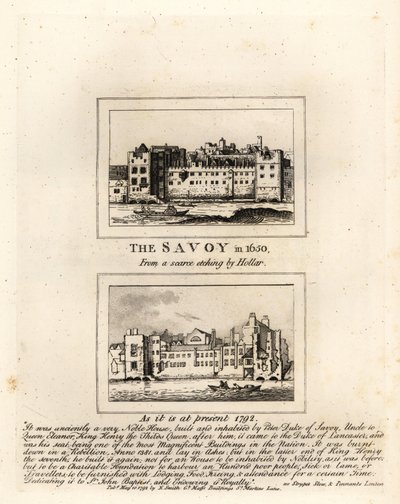Savojská nemocnice v roce 1650 z tisku Václava Hollara a v ruinách v roce 1792 od John Thomas Smith