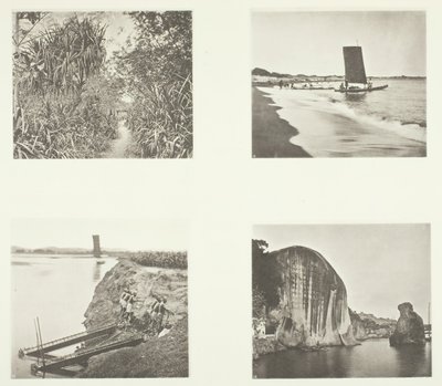 Country Road poblíž Taiwanfu, Katamarán, Řetězová čerpadla, Rock Inscriptions, Amoy, c. 1868. od John Thomson