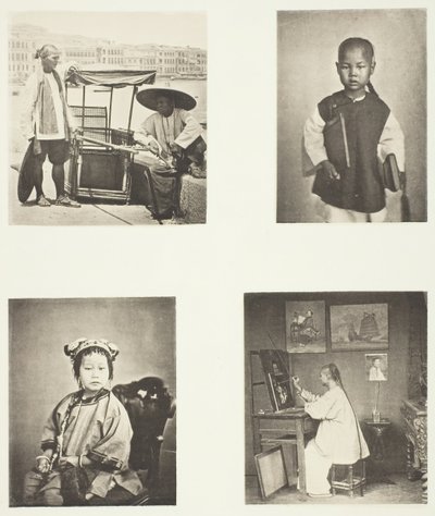 Hongkongské křeslo sedan, čínský školní chlapec, čínská dívka, hongkongský umělec, c. 1868. od John Thomson