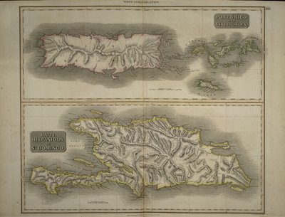 Porto Rico a Panenské ostrovy: Haiti, Hispaniola nebo St. Domingo, 1817 (ručně kolorovaná rytina) od John Thomson