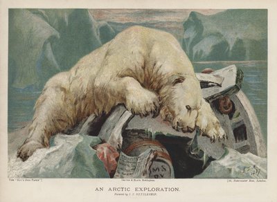 An Arctic Exploration: lední medvěd zkoumající předměty z arktické expedice (chromolitho) od John Trivett Nettleship