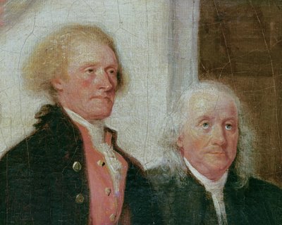 Drafting the Declaration of Independence, 28th June 1776, detail Thomas Jefferson (1743-1826) and Benjamin Franklin (1706-90) c.1817 (detail of 702745) od John Trumbull