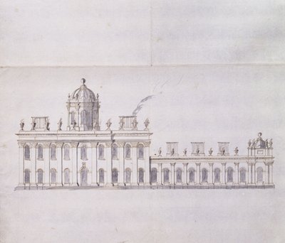 Castle Howard, Yorkshire: Schematický náčrt tužkou ukazující vývoj křídel nádvoří, kolem roku 1699 (pero a hnědý inkoust a šedá barva) od John Vanbrugh