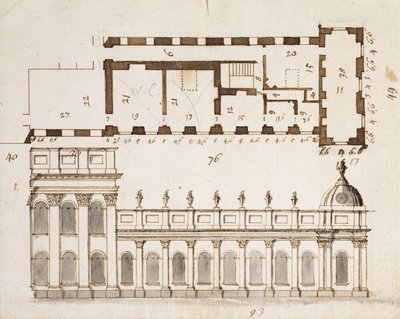 Castle Howard, Yorkshire: Raný návrh pro tři zátoky jižního nebo zahradního průčelí a devět zátokových jednopodlažních nižších bočních křídel s vložkou půdorysu, kolem 1699 (pero od John Vanbrugh