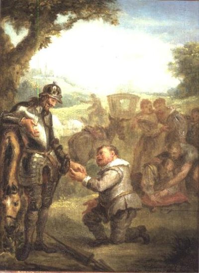 Don Quijote po souboji se statečným Biskajcem se opírá o svého koně Rosinante, zatímco Sancho Panchez žádá o místo guvernéra ostrova Barataria, scéna z Cervantesova „Dona Quijota“ (panel) od John Vanderbanck