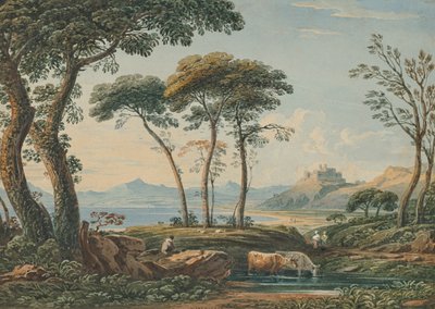 Pohled do dálky na hrad Harlech a Snowdon za ním, severní Wales od John Varley