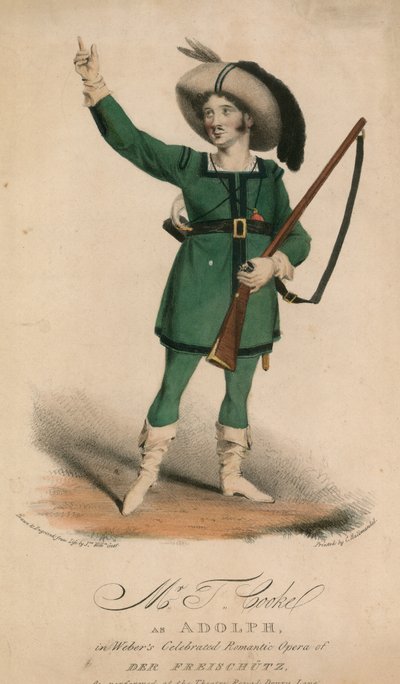 Pan T Cooke jako Adolph ve Weberově slavné romantické opeře Der Freischutz provedené v Theatre Royal Drury Lane od John W. Gear