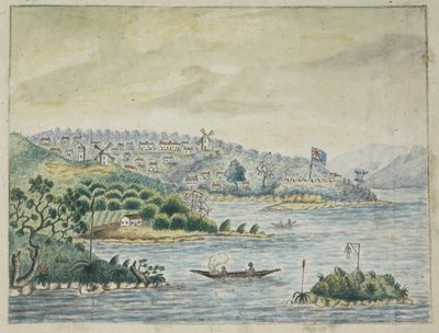 Přidat. 13880, f.79 Pohled na britskou kolonii. V popředí domorodci na kánoi, z deníku uchovávaného na palubě transportéru Minerva, z Irska do Nového Jižního Walesu a Bengálska, od Johna Washingtona Price od John Washington Price