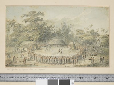 F.4 The Reception of Captain Cook in Hapaee, c.1773-84 (akvarel a tiskové rytiny) od John Webber