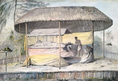 Pohřeb se zesnulým pod baldachýnem, Tahiti, Společenské ostrovy, akvarel od Johna Webbera (1750-1793) z popisu poslední cesty kapitána Jamese Cooka (1776-1779), Polynésie od John Webber