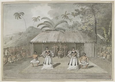 [Koko piirustus] Tanssi tai heiva Otaheitellä [Tahiti]. Kaksi miestä ja kaksi naista tanssivat, takana rumpali ja katsojia molemmilla puolilla. syyskuuta 1777 od John Webber
