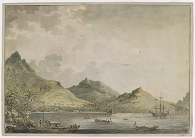 [Celý výkres]. Pohled na přístav Huahine [Fare Harbour]. s vrcholky hor, včetně hory Turi, v pozadí. V zátoce je „Resolution“ a mnoho domorodých plavidel a na břehu skupina domorodců pečuje o dvojitou kánoi s palubním domem. od John Webber