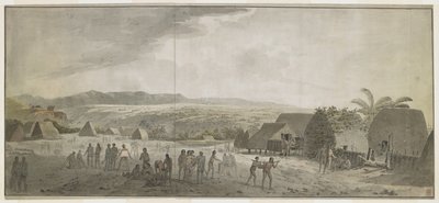 [Celá kresba] Kresba návštěvy kapitána Cooka ve vesnici Waimea, Atooi [Kauai], leden 1778. Někteří muži válí sudy, jiní směňují s Havajci. Vpravo dva domorodci nesoucí prase navlečené na tyči. Za nimi rodné chatrče a p od John Webber