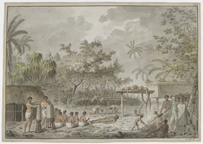 [Celá kresba] Lidská oběť na velké morai v Attahouroo [Utuaimahurau], Tahiti, svědkem kapitána Cooka dne 1. září 1777. Svázaná postava v popředí, s muži kopajícími díru pro tělo za zády a s tím, co obsahuje dva psy a thr od John Webber