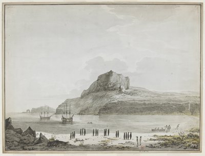 [Celá kresba] Pohled na Christmas Harbour, ostrov Kerguelen, s Discovery a Resolution kotvícími. Dva lodní čluny jsou venku, jeden námořník přistává na břehu. V popředí dvacet tučňáků ve skupinách a lachtan. 25.–30. prosince 1776 od John Webber