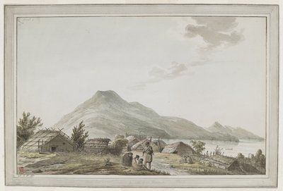 [Celá kresba] Pohled na Hippah neboli opevněnou vesnici v jihozápadním bodě Motuara v Queen Charlotte Sound. Pohled vypadá na sever, s Motuarou v pozadí. Kresba mohla být výsledkem návštěvy kapitána Cooka 15. února 1777. Ma od John Webber
