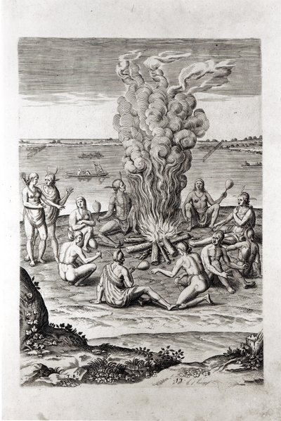 Indiáni se modlí u ohně, rytina z Hariotovy „Stručné a pravdivé zprávy z...Virginie“, 1590, vyryté Theodorem de Bry (1528-98) od John White