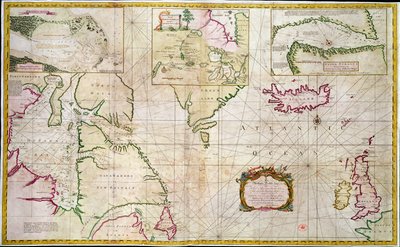 Mapa moří a průlivů ukazující možnost severozápadního průchodu mezi Hudsonovým zálivem a Jižním mořem od John Wigate
