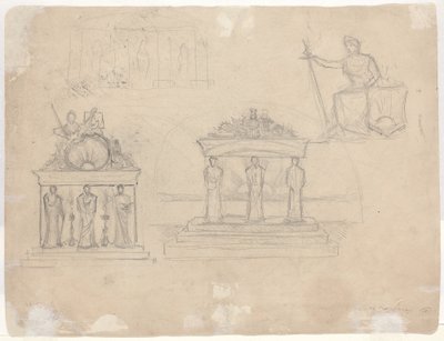 Studie klasických chrámových fasád a sedící ženské postavy [verso] od John William Casilear