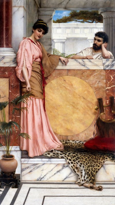 "Pár ve starověku, ve vile šlechtice (Římana), muž jako by čekal na odpověď ženy. Obraz Johna Williama Godwarda (1861-1922) 1889 Soukromá sbírka od John William Godward