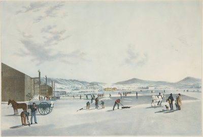 Rockland Lake - řezání ledu. Pohled od severovýchodu, hospoda. 1849 od John William Hill