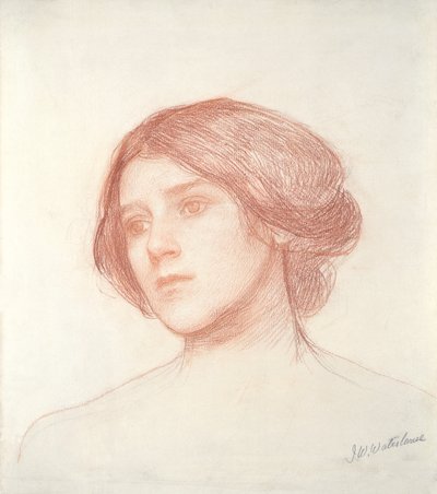 Hlava dívky (červená křída na papíře) od John William Waterhouse