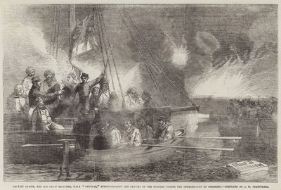 Kapitán Glasse a jeho hlavní inženýr, HMS Vulture, dohlížející na opravy minometů během bombardování Sveaborgu od John Wilson Carmichael
