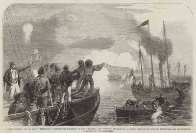 Kapitán Hewlett, CB, z HMS Edinburgh, řídil Pohyby Snapperů a Čápů na ruském třípatrovém mezi Gustafsvernem a Bartolomějem od John Wilson Carmichael