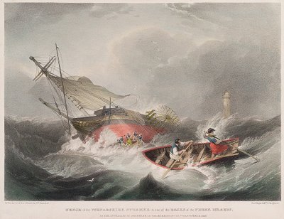 Potopení parníku Forfarshire na skalách Farne Islands (Anglie), jak se objevilo při východu slunce 7. září. od John Wilson Carmichael