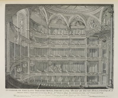 Interiér Late Theatre Royal, Drury Lane, v Londýně, postavený Henrym Hollandem, 1794, zničeno ohněm v roce 1809, vyryto Dale, 1820 od John Winston