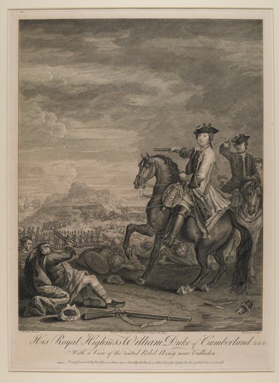 J.R.V. William (1721-65) vévoda z Cumberlandu s pohledem na poraženou armádu u Cullodenu, 1746, vydal B. Baron, 1747 od John Wootton