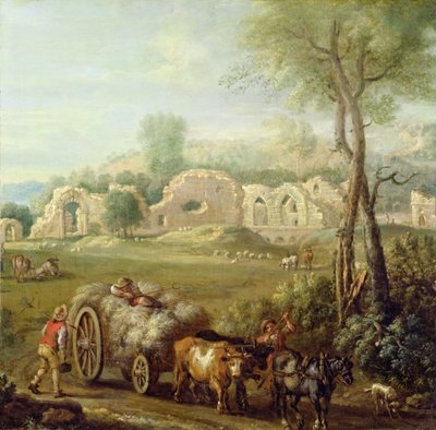 Haycart Passing a Ruined Abbey, c.1740-50 (olej na plátně) od John Wootton