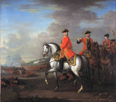Král Jiří II. (1683-1760) v bitvě u Dettingenu, s vévodou z Cumberlandu a Robertem, 4. hrabětem z Holderness, 27. června 1743, kolem roku 1743 od John Wootton