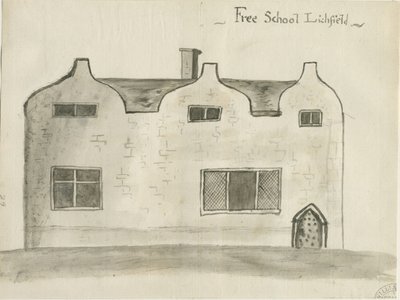 Lichfield - Gymnázium: sépie lavírovaná kresba, nd [1784] (kresba) od John Wright