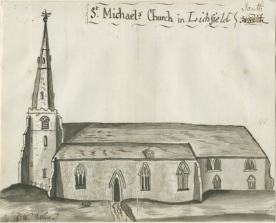 Lichfield - Kostel sv. Michaela: sépiová kresba, nd [1784] (kresba) od John Wright
