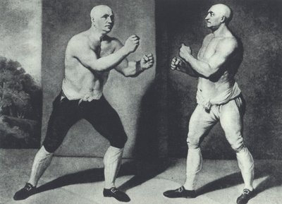 První britští barefisté boxeři, John Broughton (vlevo) a George Stevenson bojují v roce 1741: Broughton vynalezl boxerské rukavice (mezzotinta) od John Young