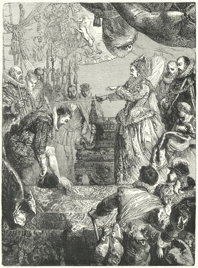 Sir Francis Drake přebírá rytířský titul od královny Alžběty I., 1581 od John after Gilbert