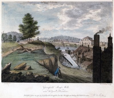 Greenfield Brass Mills, poblíž Holywell, Flintshire, vyryto W.C. Wilson, kolem roku 1792 od John after Ingleby