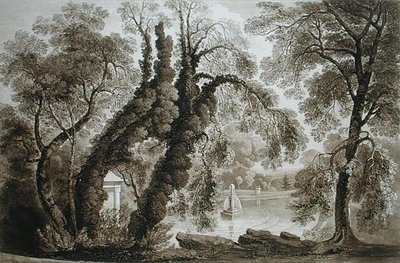 Pohled na Chrámovou kašnu z opačné strany, Sezincote, vyryl Frederick Christian Lewis Snr. (1779-1856), asi 1817-18 (sépiová akvatinta) (viz též 171661) od John after Martin