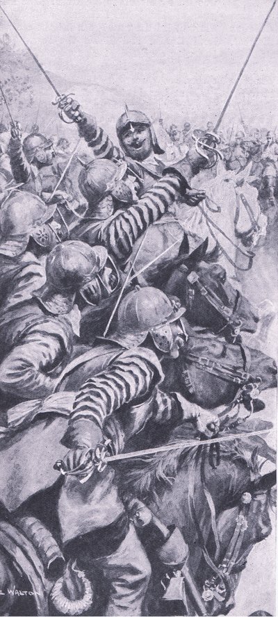 Střetnutí kavalérie v bitvě u Edgehill, 23. října 1642, ilustrace z britských bitev na souši a na moři, 1915 od John de Walton