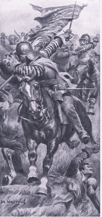 Poručík John Smith přebírá královu standartu v Edgehill, 23. října 1642, ilustrace z britských bitev na souši a na moři, 1915 od John de Walton