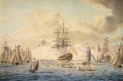 Jiří III. při prohlídce loďstva ve Spitheadu, 22. června 1773, na obrázku HMS "Royal Oak od John the Younger Cleveley