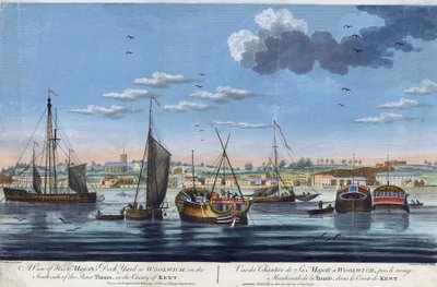 Pohled na královské doky ve Woolwichi na levém břehu Temže (Anglie) v hrabství Kent. Barevný lept od Johna Clevelyho mladšího (1747-1786) od John the Younger Cleveley