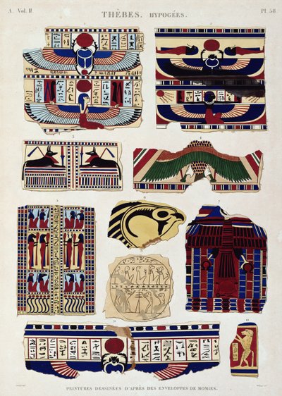 Ilustrace malovaných vzorů z obalů mumií, Hypogees, Théby, deska 58 ze svazku II `Descriptions of Egypt`, vyryl Willemin, 1822 (akvatinta) od Jomard