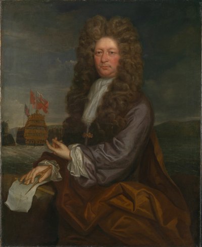 Fisher Harding, lodní mistr, činný v letech 1664-1706, se spuštěním lodi Royal Sovereign na vodu od Jonathan Richardson