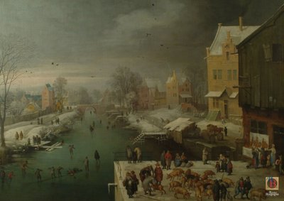 Zimní krajina s bruslaři a vepřovým trhem od Joos de Momper the younger