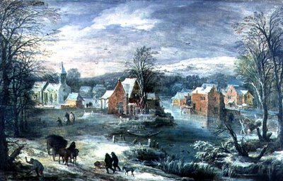 Vesnická krajina v zimě (panel) od Joos or Josse de The Younger Momper