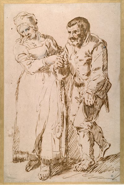 Kroky staršího rolníka vedené jeho ženou (pero a inkoust křídou na papíře) od Joos van (attr. to) Craesbeeck